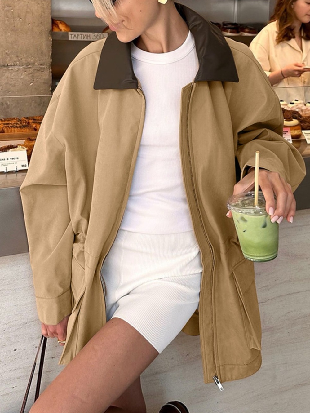 ♥️Beige Oversized Utility Silk Cotton Jacket with Contrasting Collar